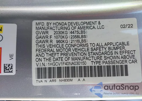 2022 Honda Accord Sport Special Edition from USA, damaged, VIN 1HGCV1F40NA030150